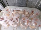 Vintage Mcm Libbey Frosted Glass Gold Leaves Tumblers Set Of 9 With Carrier