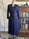 Vintage 1940s Navy Blue Faux Suit Dress Embroidered Studded Peplum Belt M 33w