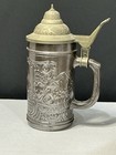 Vintage Pewter German Lidded Beer Stein Mug Hinged Lid Embossed 0 5l 1955