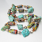 Big Vtg Turquoise Sterling Silver Millefiori Glass Antique Trade Beads Necklace