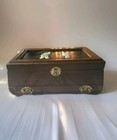 Handmade Vtg Cedar Jewelry  Chest  Carved  Jade   Mother Of Pearl Figures 