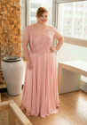 Plus Size Pink Chiffon Mother Of The Bride Lace Applique A-line Long Prom Gowns