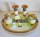 Vtg Ceramic Vanity Dresser Set Hp Stripes   Flowers 6 Pc Ooak Cottage-shabby 