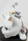 White Ceramic Cat Vintage  Pink Bows  Blue Flowers  Ruffles Kitty Kitten