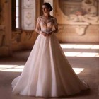 Sexy Wedding Dress Scoop Neck Long Sleeves Sparkling Applique Tulle Bridal Gown
