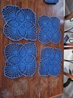 Vtg 80s Hand Crochet Bluecotton 12x12in Pineapple Placemats 4  W lg Center Doily