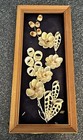 Pair Vintage Mid Century 3d Shell Flower Floral Framed Art Pictures Blue Burlap