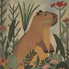 Retro Capybara Flower Wall Art  Botanical Floral Wildlife Rodent Nature Poster
