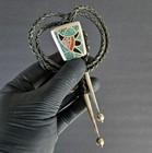 Vintage Native American Navajo 925 Sterling Silver Multi Stone Inlay Bolo Tie