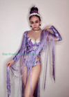 Purple Rhinestone Stretch Bodysuit Singer Tassel Jumpsuit Drag Queen Rave Outfit
