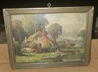 Vtg Framed French Country Wall Art Thatched Roof Cottage Core 6 x 8  Free Ship