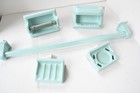 Vintage Mid Century Aqua Turquoise Ceramic Bathroom Set Towel Bar Toilet Paper