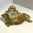 Vintage Ornate Footed Brass   Glass Inkwell