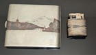 Vintage Japanese Mixed Metal Cigarette Case   Lighter Set Mt Fuji Cased