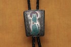 Vtg Hand Made Sterling Silver Howling Wolf Moon Turquoise Coral Inlay Bolo Tie