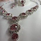 Silver Tone Pink Round Crystal Rhinestone Jewelry Set Necklace Bracelet Earrings