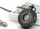 Vintage Men Skeleton Hand-winding Mechanical Pocket Watch Chain Black Tone Case