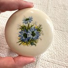 Vtg Ceramic Trinket Box Blue Floral Hand Painted Round Jewelry Dish Cottagecore