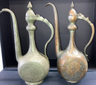 Antique 19th Century Pair Of Qajar Copper Pitchers Water Dropper Ewer Teapots