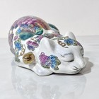 Vtg Chinese Porcelain Sleeping Cat Figurine Famille Rose Chinoiserie Style 9 5   