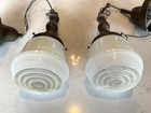 Pair Vtg Antique Pendant Schoolhouse Lights Milk Clear Brass Reclaimed Salvage 2