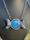 Huge Labradorite Pendant Necklace Artisan Handcrafted Triple Moon