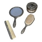 Vintage 4pc Silverplate Vanity Set Mirror Brush Comb Powder Jar Floral