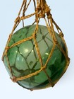 Vintage Large Japanese Hand Blown Green Glass Fishing Float Buoy Ball W net 6 