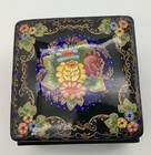 Vintage Russian Black Lacquer Wooden Double Deck Trinket Box Hand Painted Signed