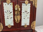 Vintage Chinese Rosewood Jewelry Cabinet Carved Jade Brass Lock   Key
