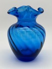 Vintage Hand Blown Beautiful Blue Optic Swirl Glass Vase Ruffled Edge 6    Tall