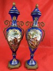 Vintage French S  vres Style Porcelain Urn vase Ormolu Hand Painted Cobalt Blue