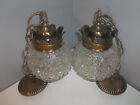 Vintage Mid Century Pair Hanging Diamond Cut Glass Globe Pendant Regency Lights