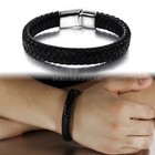 Men s Braided Leather Stainless Steel Magnetic Cuff Bangle Bracelet Wristband