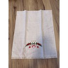 Vintage Christmas Hand Embroidered Linen Tea Towel Candle Red Green
