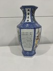 Vintage Ceramic Floral Pottery Vase China Chinese Game Scholar Scene Hexagon 12   