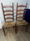 Pair Antique Ladder Back Chairs Rush Seats Primitive Farmhouse Early American