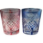 Kagami Crystal Glass Kiriko Engraved Cobalt Blue Ruby Red Cut To Clear Whiskey
