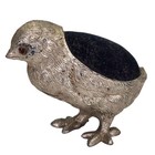 Antique Victorian Cast Metal Chick Bird Pin Cushion Needle Stand Glass Eyes