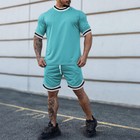 Men Ribbed Short Sleeve Sweatshirt T-shirts Shorts Set Summer Tracksuit Outfit