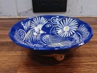 Hand Painted Talavera Mexican Folk Art Pottery Bowl Bird Floral Motif Cobalt 