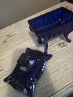 Indiana Glass Cobalt Blue Glass Footed Trinket Dish   Lid  Vintage 4 5x3 