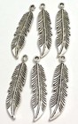 6 Feather Charms Antique Silver Pewter Bohemian Boho Pendants 46x10mm