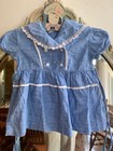 Vintage Kate Greenaway Chambray Blue Cotton Toddler Girl Frock Summer Dress Lace