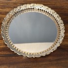 Vintage Gold Filigree Mirrored Vanity Tray Round Ornate Metal Rim 6 75 In