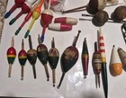 33 Huge Old Vintage Wood Fishing Bobbers  Floats Novelty  Porcupine Quil Antique