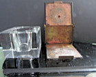 Antique 1920s Clear Glass Inkwell Black Glass Base Brass Lid Art Deco Vintage