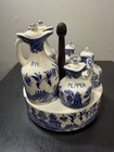 Vtg Blue Willow Ceramic Condiment Cruet Set W oil Vinegar Salt Pepper   Mustard