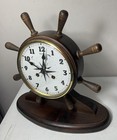 New England Ship s Bell Clock Yacht Wheel  Nautical Maritime Brass Wooden Base