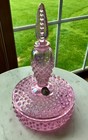 Vintage Fenton Art Glass Pink Iridescent Hobnail Boxtel Vanity Perfume Powder